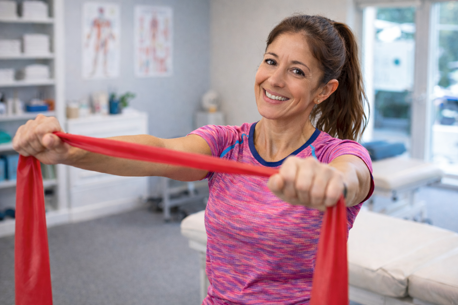 Mujer haciendo ejercicio con banda elástica en un consultorio de fisioterapia.