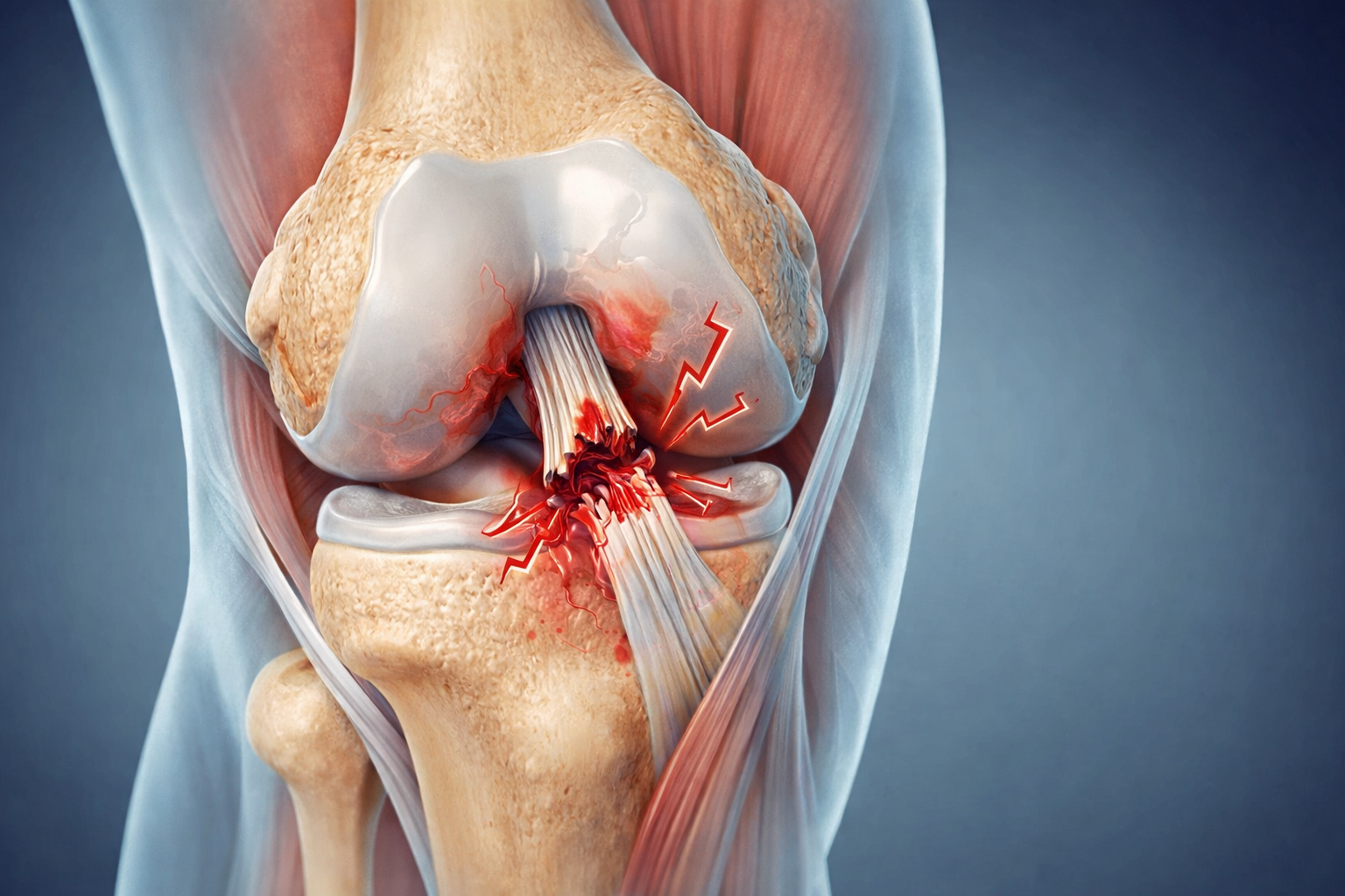 Ilustración de una rodilla humana con articulación dañada, mostrando inflamación y daño en los tejidos, huesos y ligamentos.