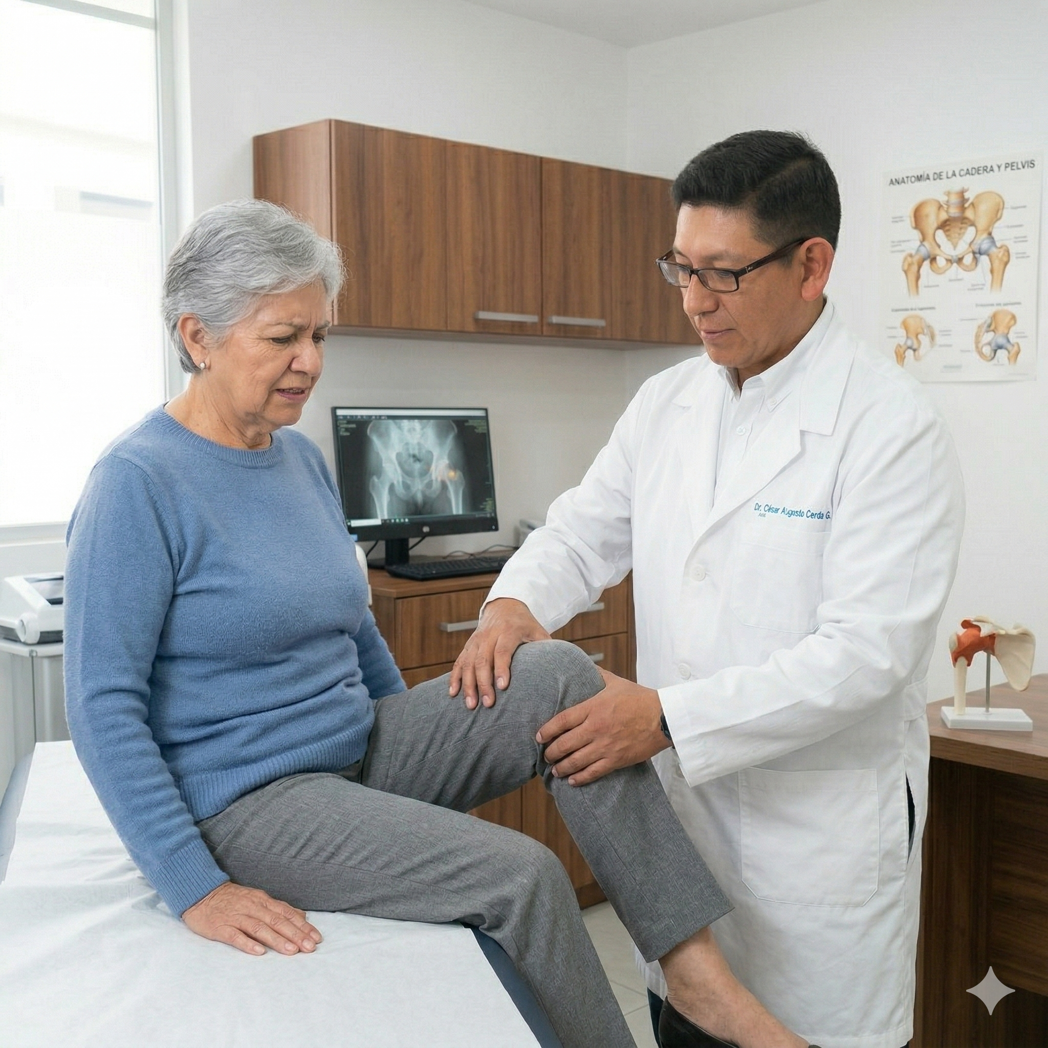 Un médico revisa la rodilla de una paciente mayor en un consultorio, con radiografía en la pantalla de la computadora y cartel de anatomía de cadera y pelvis en la pared.