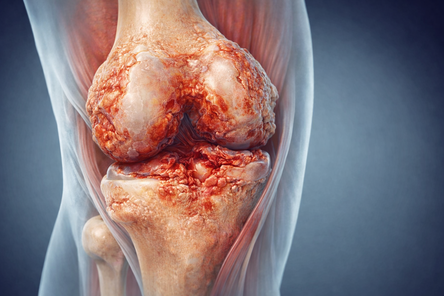 Ilustración de una articulación de rodilla humana con tejido óseo, cartílago desgastado y daño en los huesos.