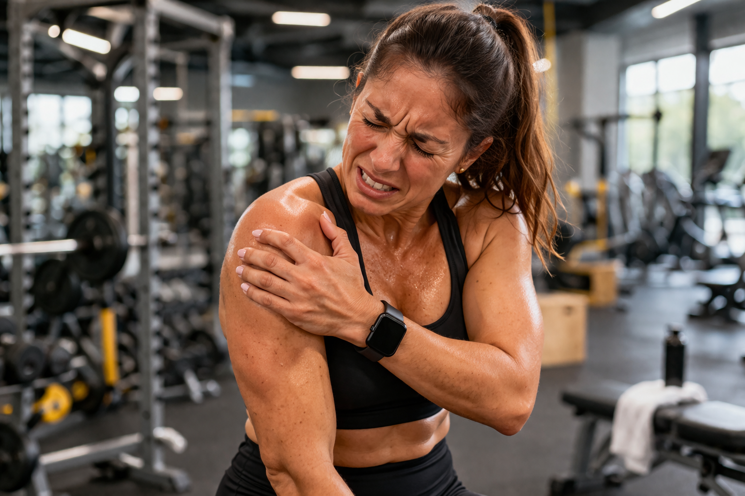 Mujer en gimnasio sostiene su hombro con expresión de dolor.
