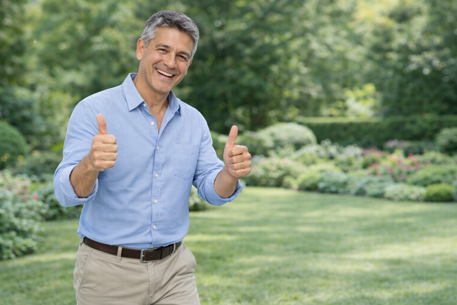 Hombre sonriente en un parque al aire libre, mostrando dos pulgares hacia arriba.