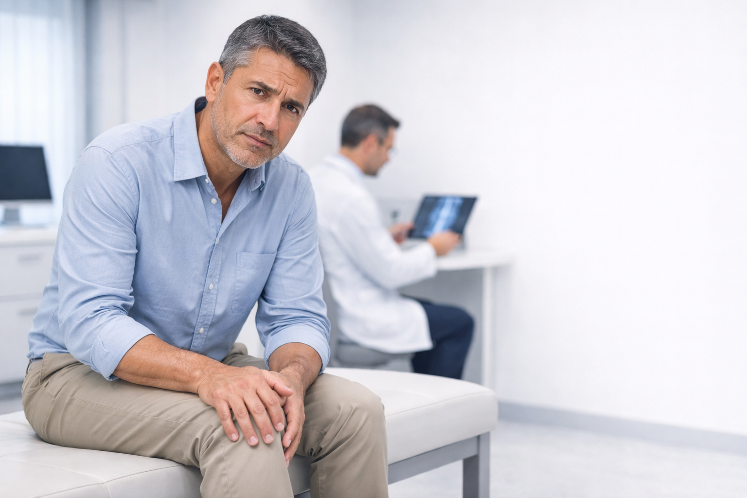 Hombre con expresión preocupada en consulta médica, sentado en un Diván, con un doctor revisando una radiografía en el fondo.