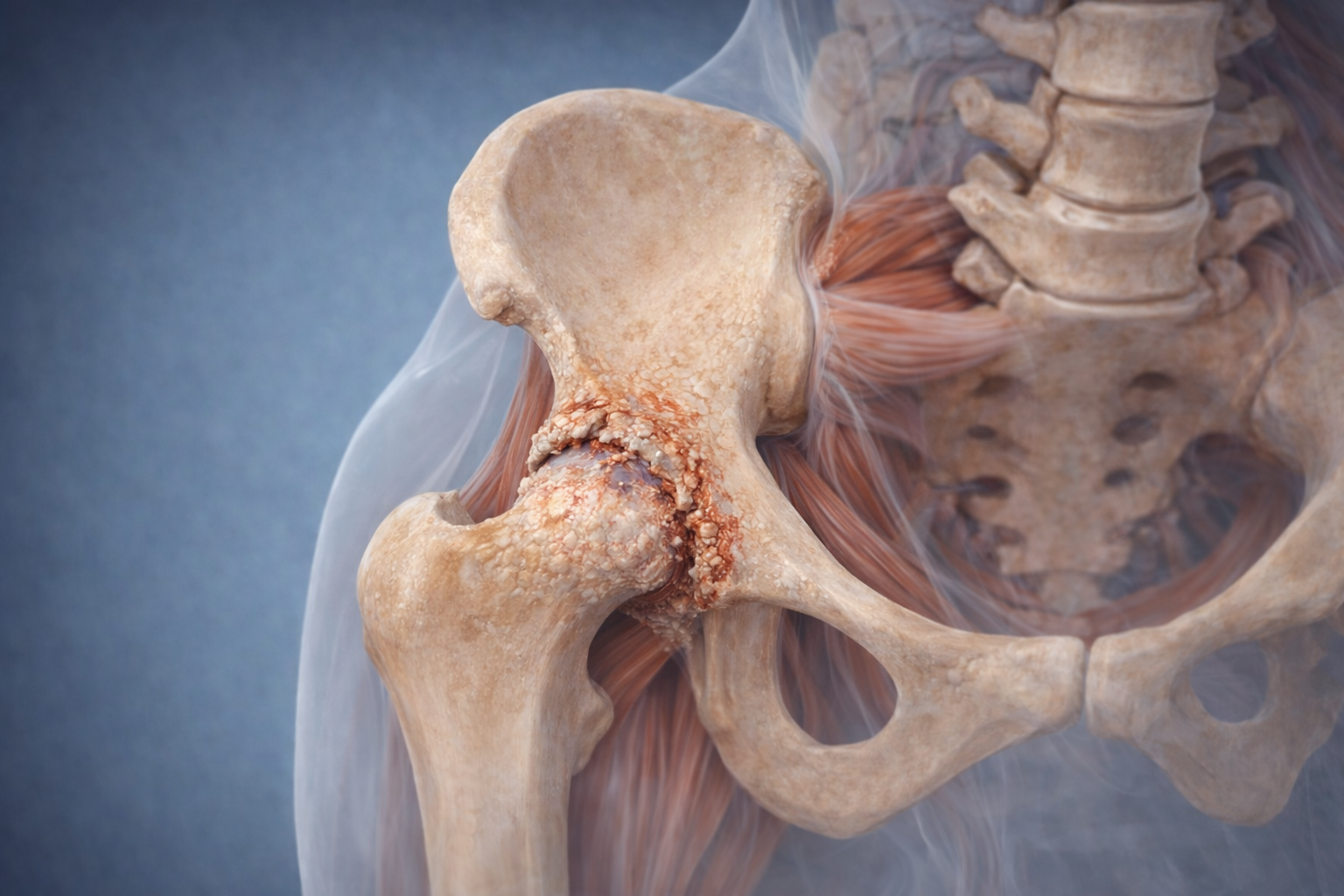 Vista de la articulación de la cadera con artrosis, mostrando desgaste y fricción en la articulación ósea con presencia de inflamación.