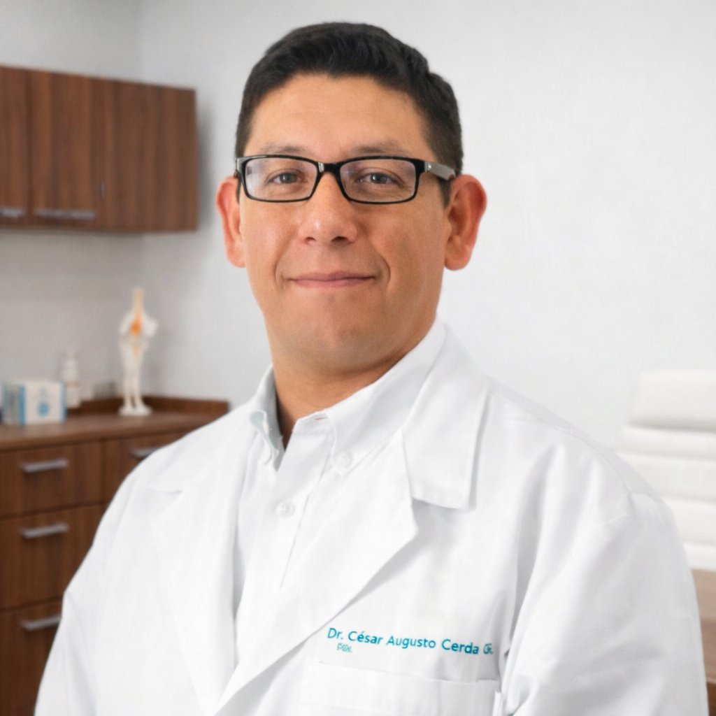 Un doctor con gafas, camisa blanca, en un consultorio médico, con fondo de gabinetes de madera y modelo anatómico