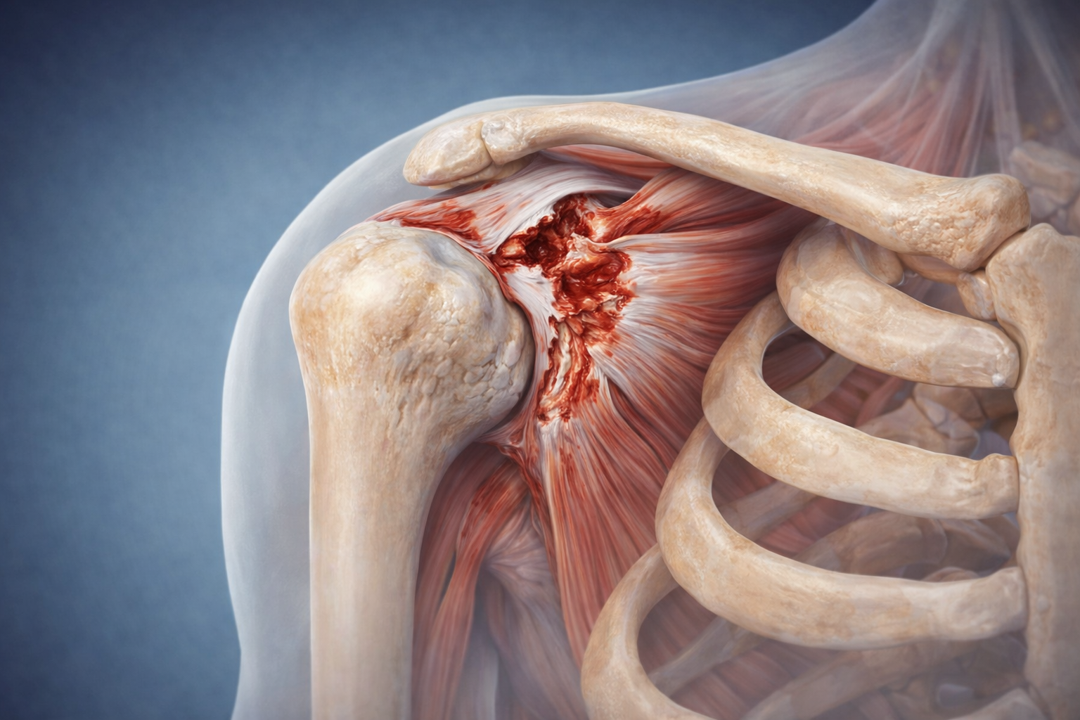 Ilustración médica de la articulación del hombro con músculos, hueso del omóplato y costillas expuestos.