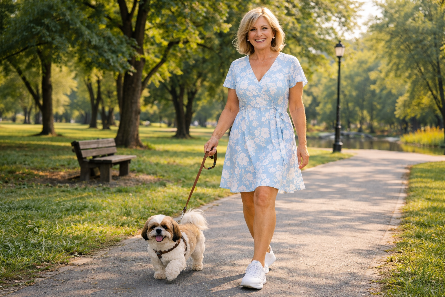 Mujer sonriente caminando en un parque con su perro pequinés, rodeados de árboles y un camino pavimentado, en un día soleado.