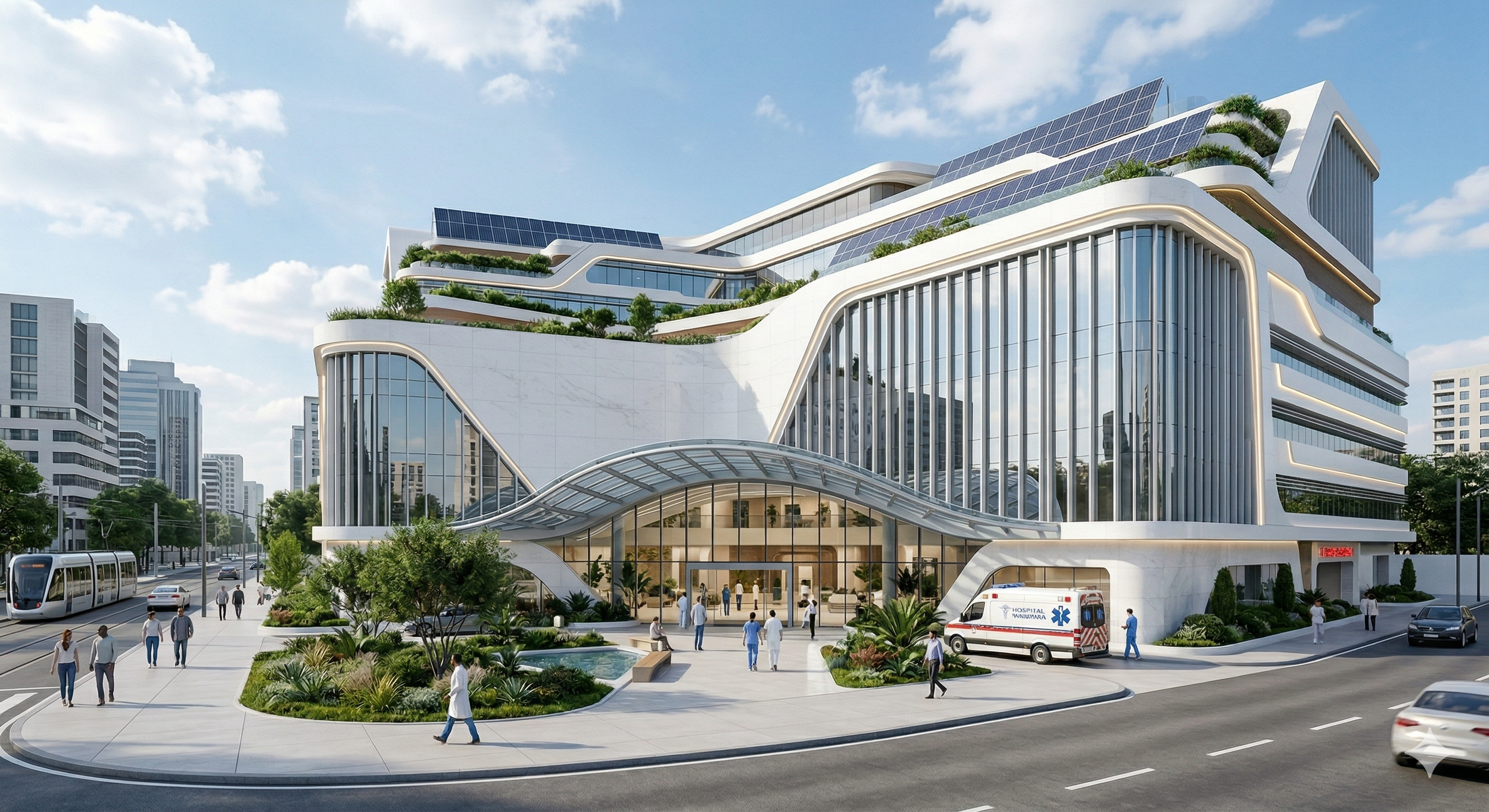 Edificio moderno con fachadas de vidrio, plantas en terrazas y paneles solares en el techo, en un entorno urbano con tráfico y personas caminando.