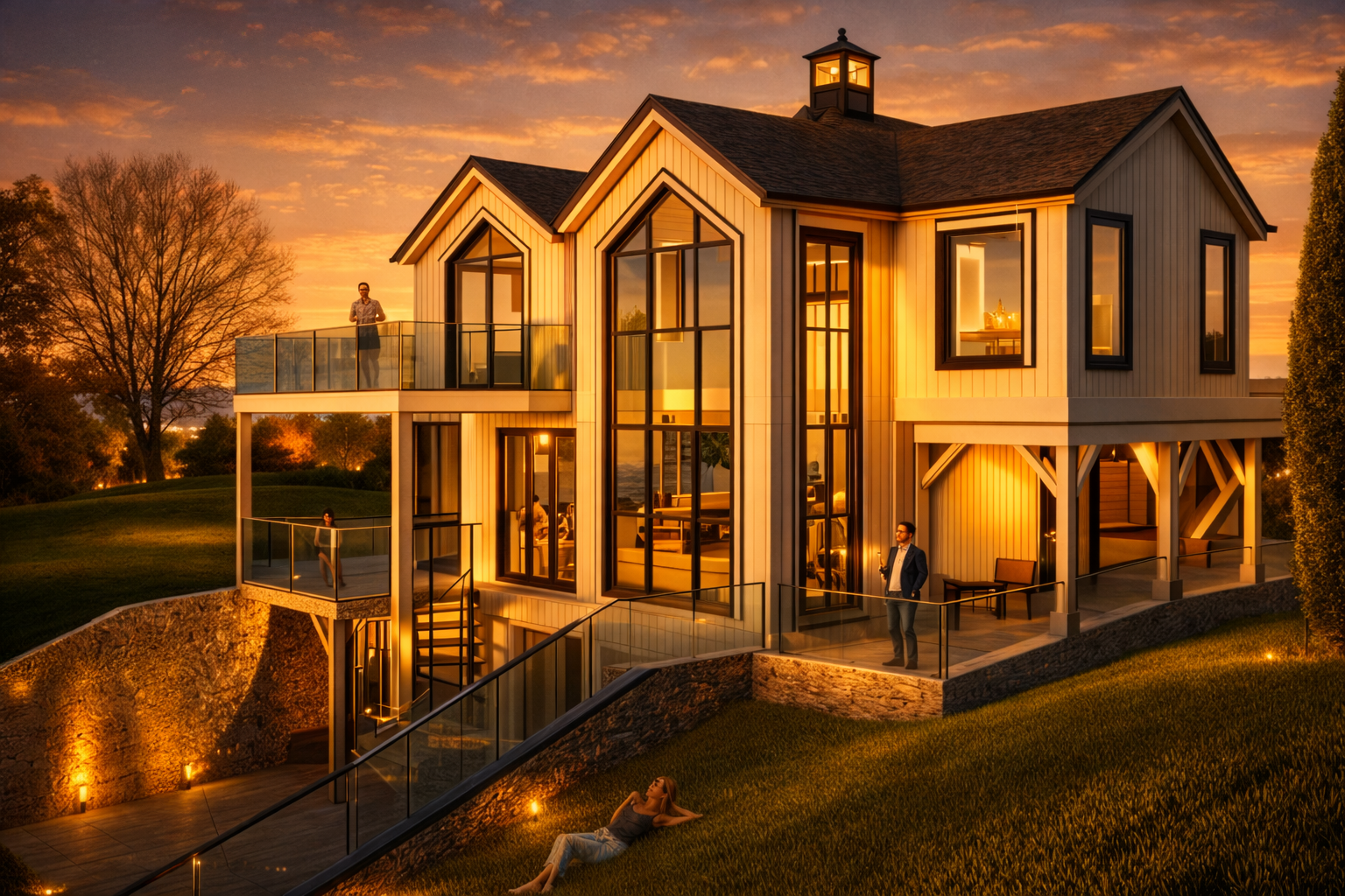 Modern waterfront residence in the Village of Northport, Long Island with expansive harbor-facing glass designed by Americana Architects.