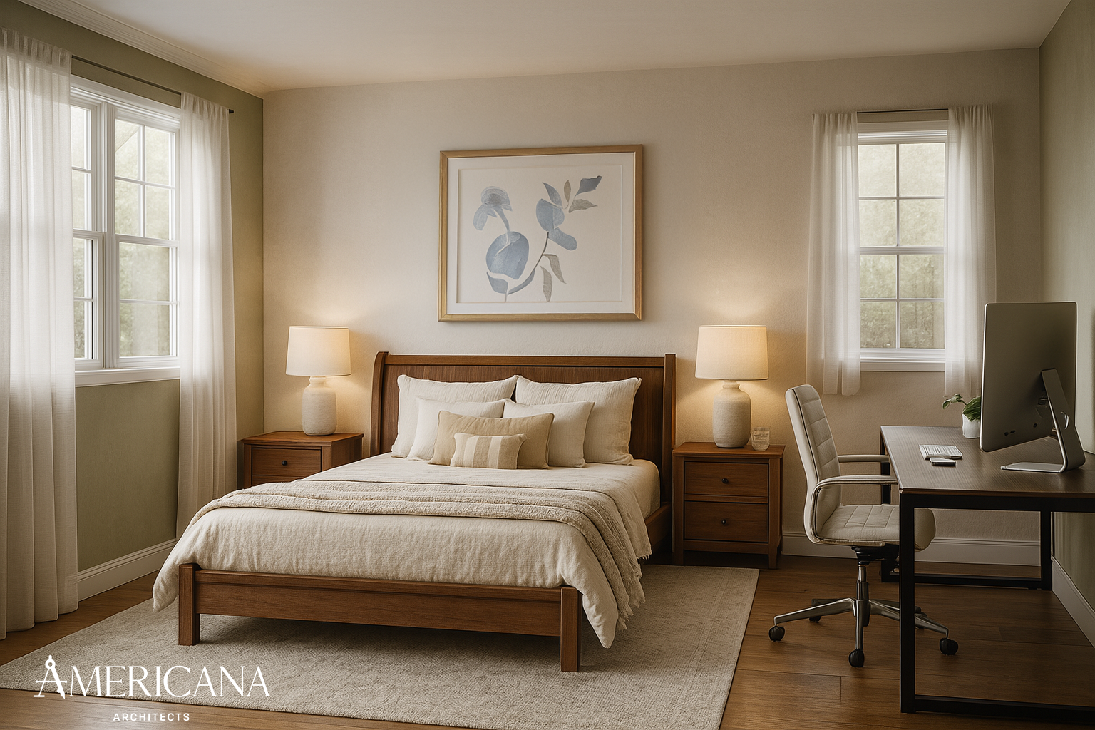 Primary bedroom renovation in North Hempstead, NY with custom nightstands and workspace by Americana Architects.