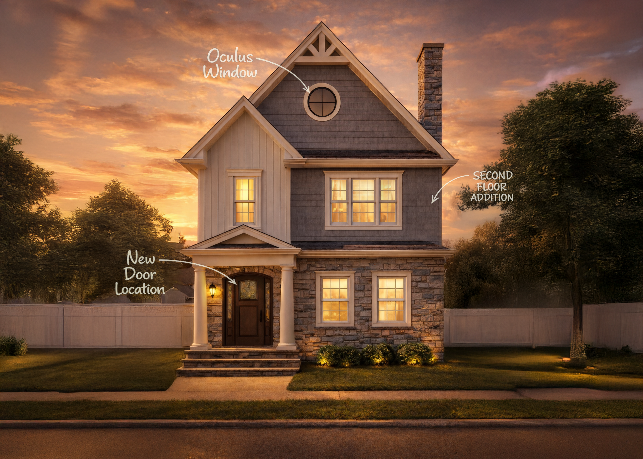 Second floor addition and front entry renovation of a stone and shingle home in Williston Park, NY designed by Long Island architect Americana Architects