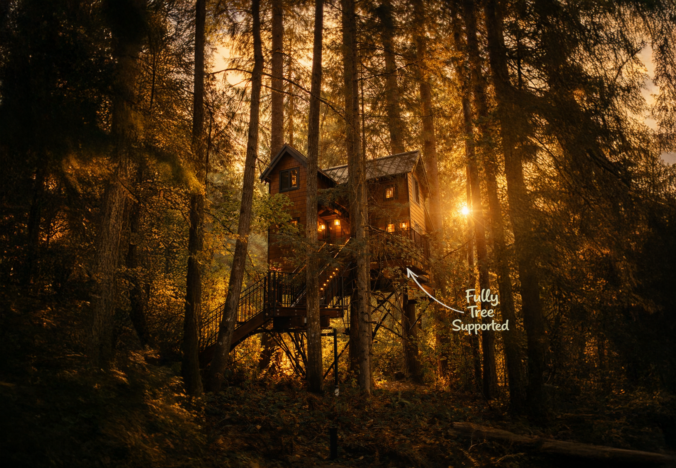 Custom treehouse in Ashford, Washington designed by luxury treehouse architect Americana Architects.