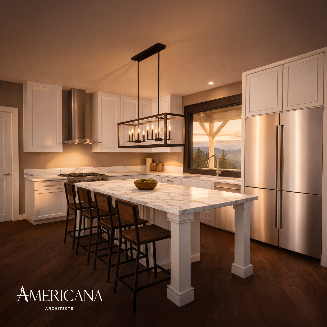 Mountain home kitchen design in Eatonville, Washington near Mount Rainier by Americana Architects.