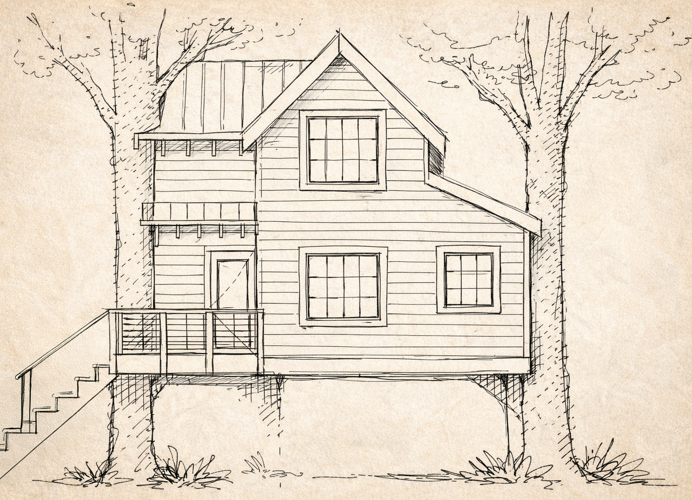 Hand-drawn elevation sketch for custom treehouse design by professional treehouse architect Americana Architects.