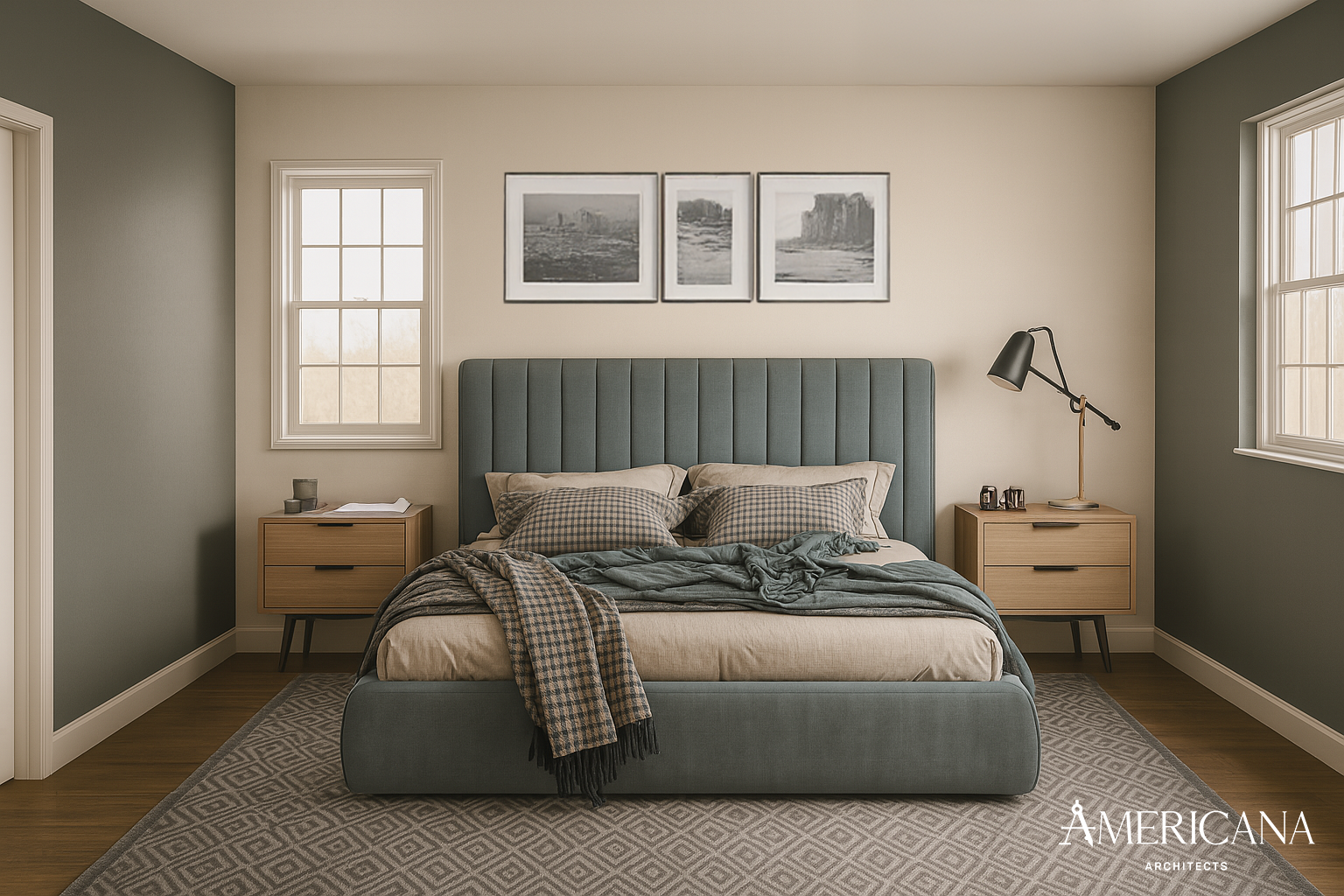 Bedroom renovation in North Hempstead, NY featuring custom millwork and modern furnishings by Americana Architects.