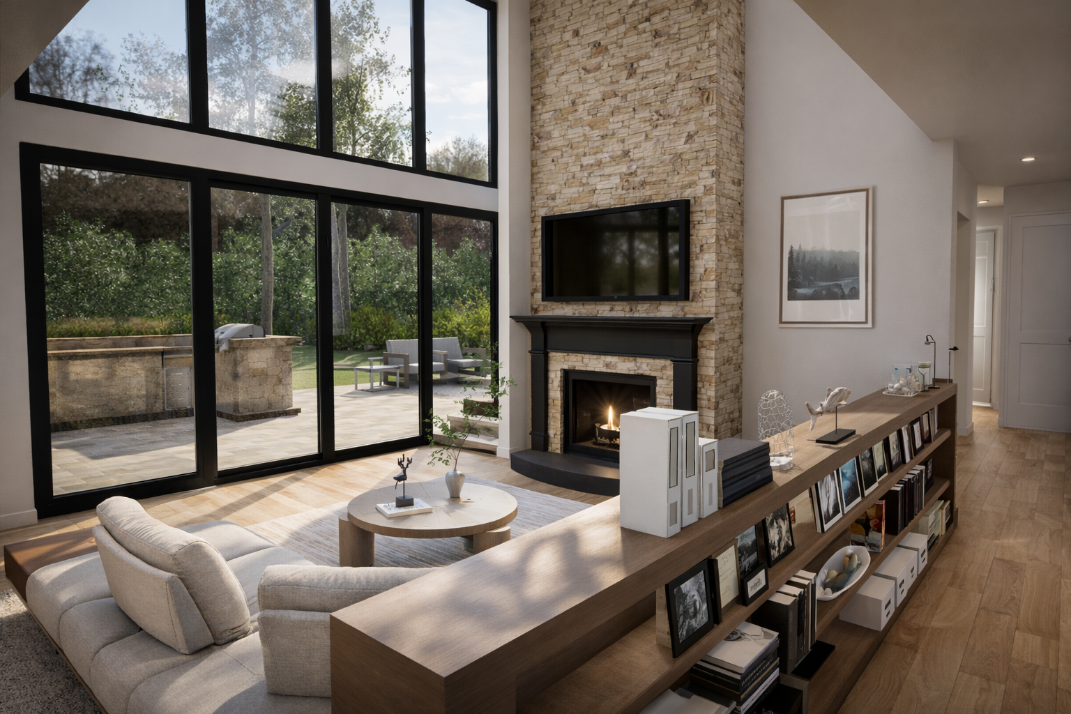 Modern living room renovation with floor-to-ceiling windows and stone fireplace designed by Americana Architects.