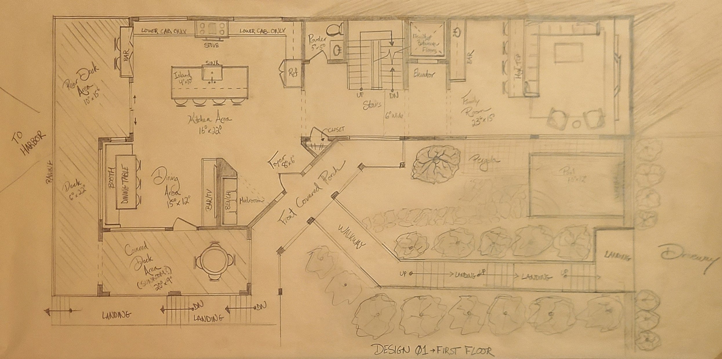 Hand-drawn first floor plan for waterfront home in the Village of Northport designed by Americana Architects.