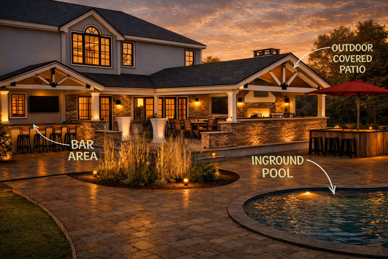 Luxury backyard renovation in Fort Salonga, Long Island with covered outdoor patio, bar area, and inground pool designed by Americana Architects.