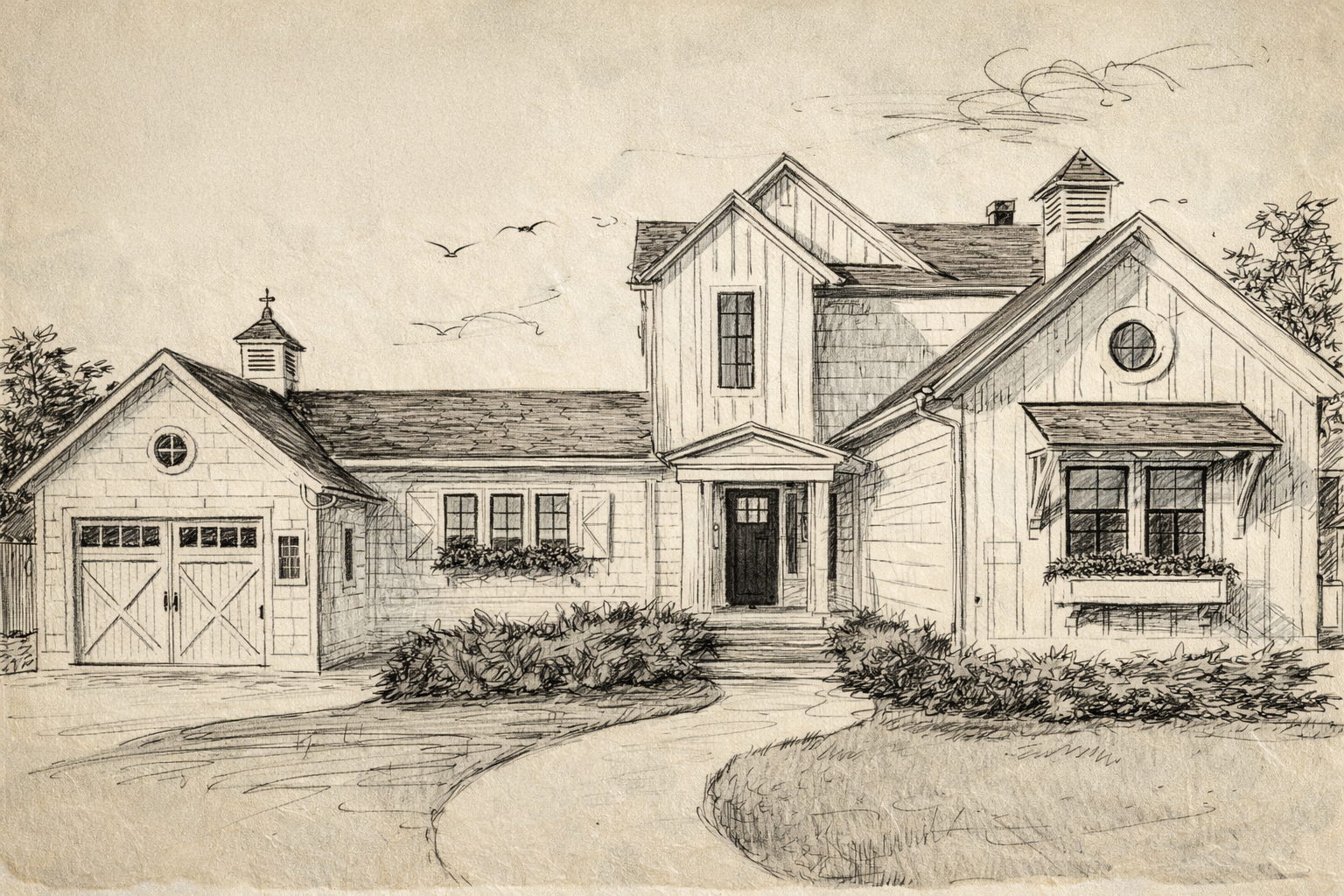 Conceptual architectural sketch showing proposed home addition and exterior transformation by Americana Architects in Garden City, NY.