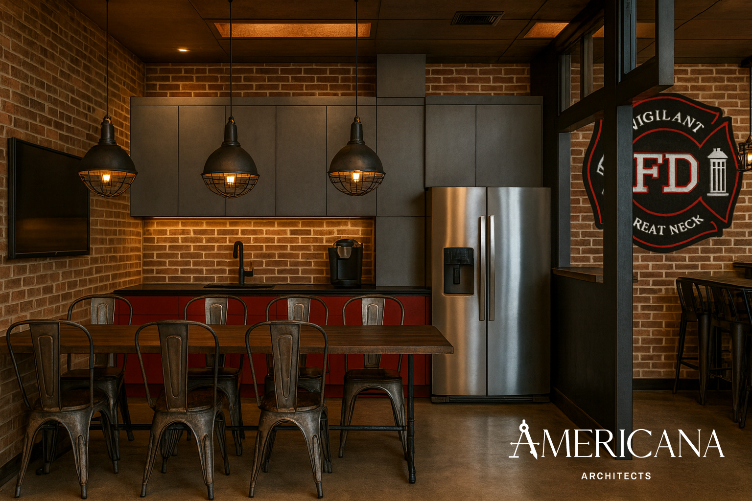 Renovated firehouse kitchen and dining area at the Great Neck Vigilant Fire Department in Great Neck, NY designed by Americana Architects.