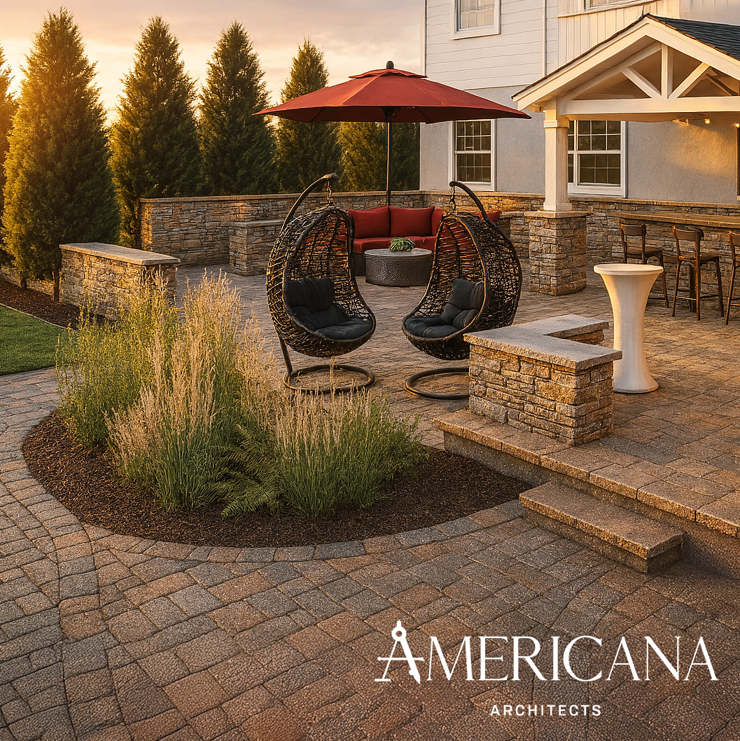 Outdoor living patio with stone walls and seating area in Fort Salonga, Long Island designed by Americana Architects.