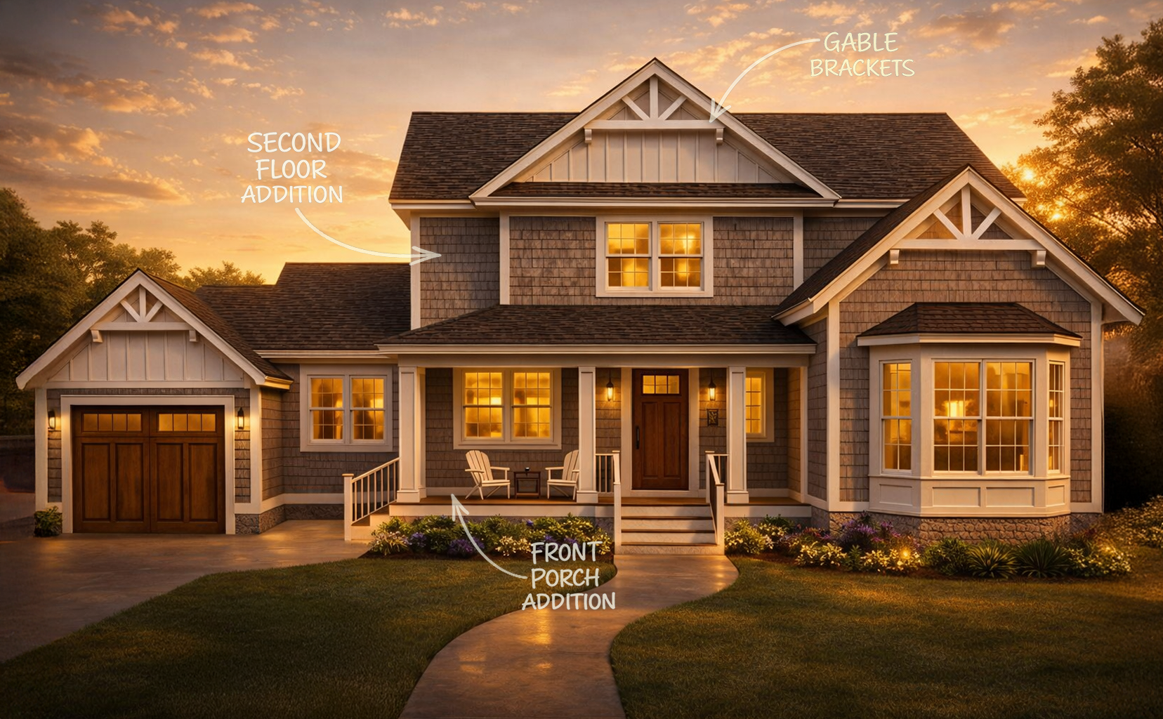 Hicksville, NY home renovation featuring second floor addition, gable brackets, and front porch designed by Americana Architects.