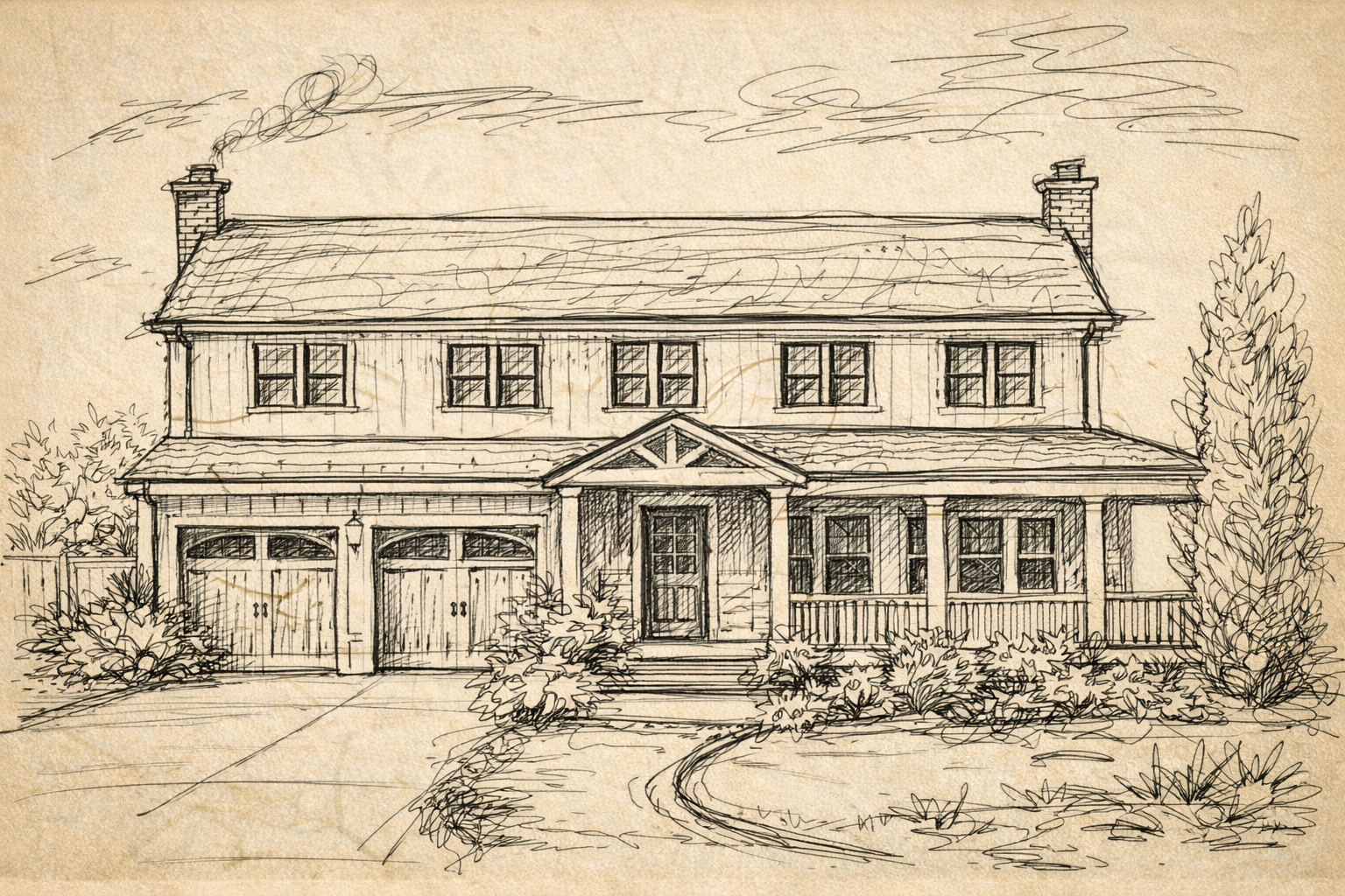 Hand-drawn elevation sketch for Huntington renovation designed by Americana Architects.