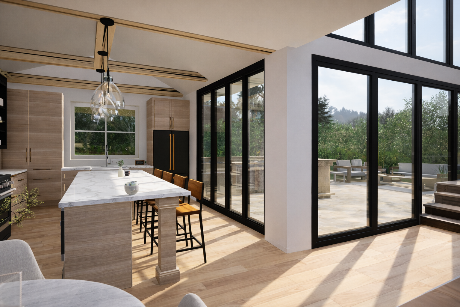 Open concept kitchen renovation in Garden City, NY with large island and floor-to-ceiling glass doors by Americana Architects.