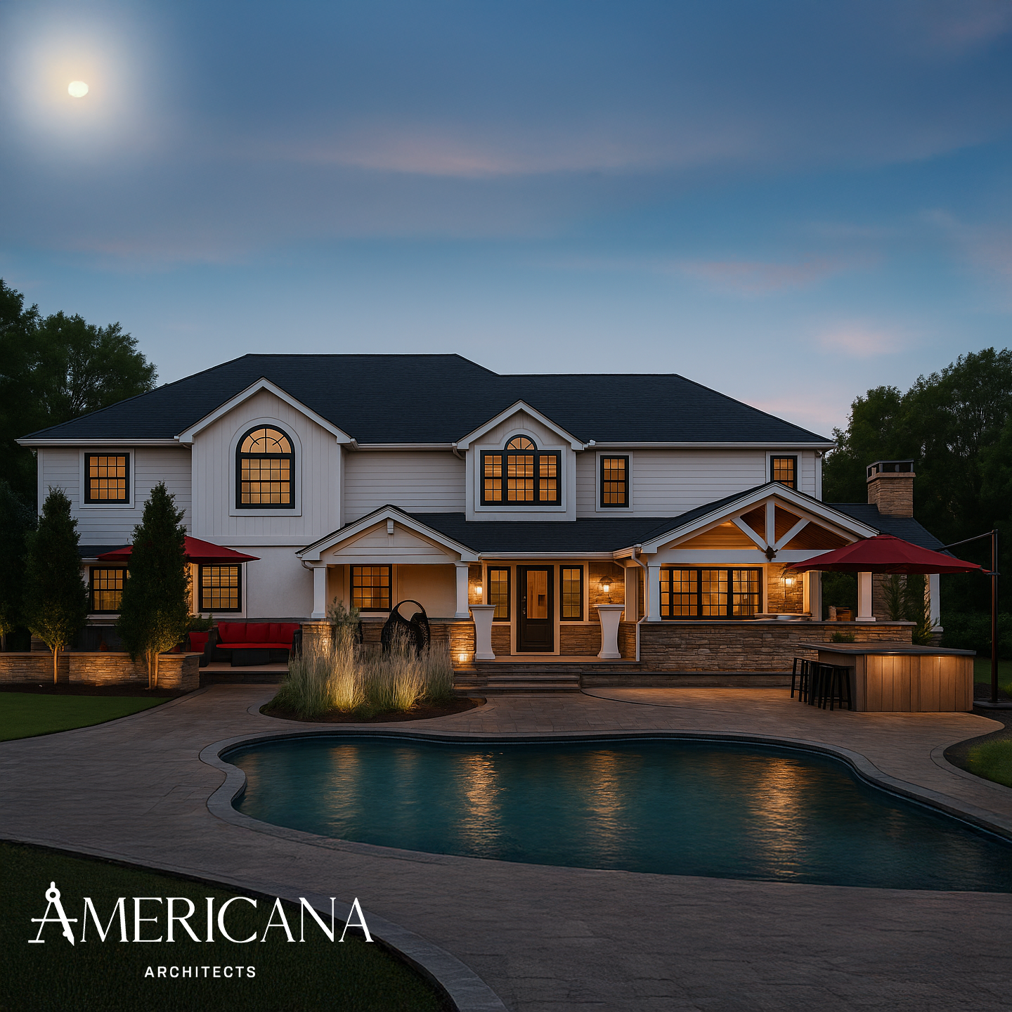 Completed backyard renovation in Fort Salonga featuring covered patio, outdoor bar, and inground pool designed by Americana Architects.