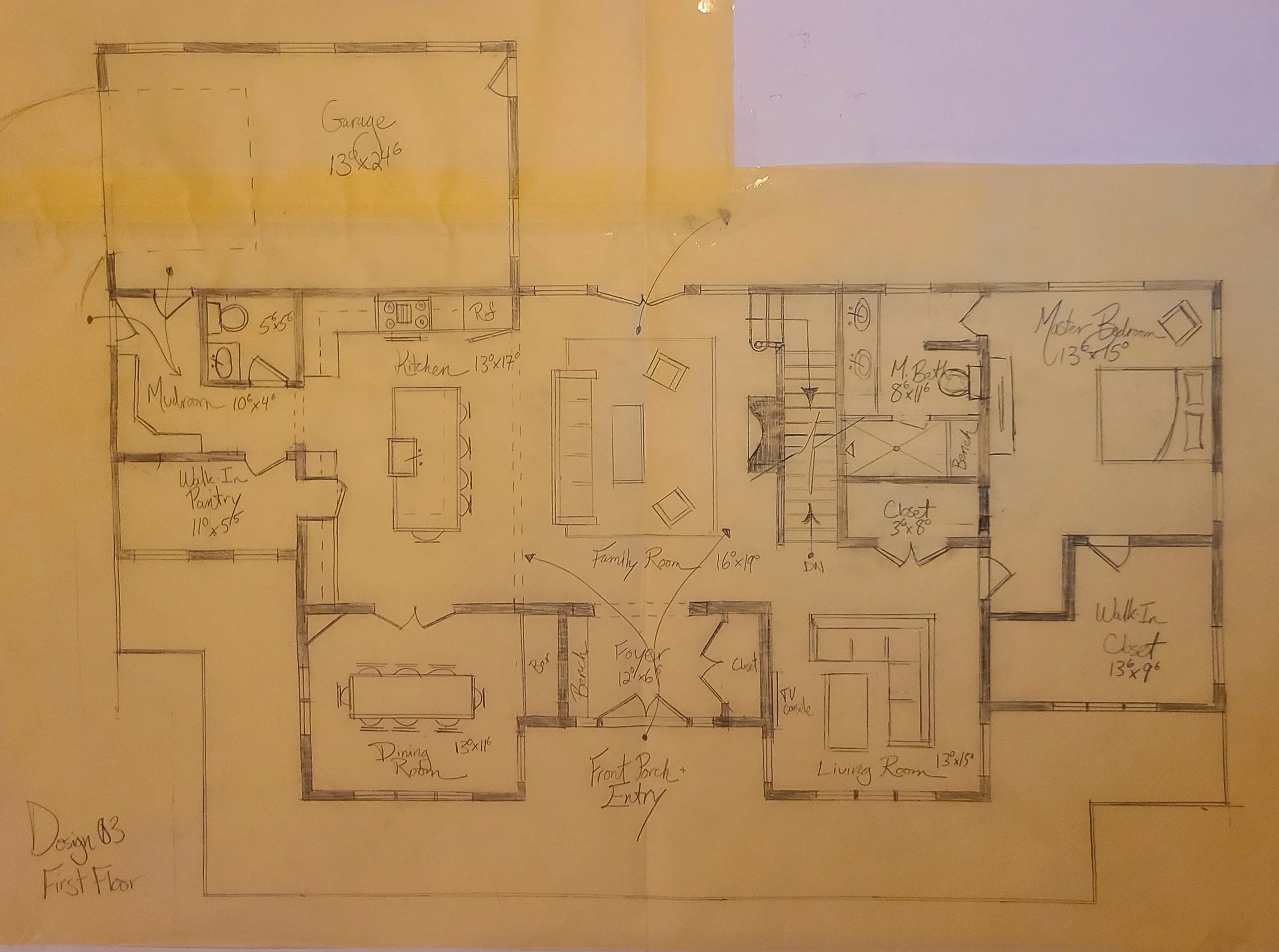 Hand-drawn first floor architectural plan sketch for custom home design by Americana Architects.