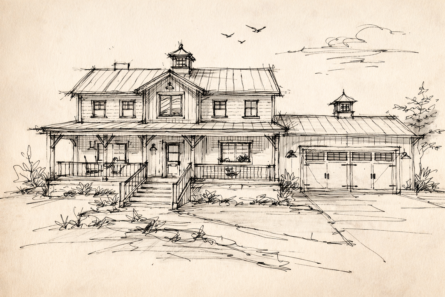 Hand-drawn elevation sketch for custom mountain home in Eatonville, Washington near Mount Rainier designed by Americana Architects.