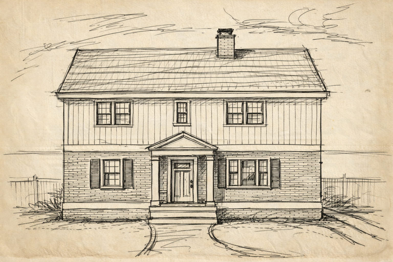 Front exterior of brick and siding Cape-style house with steep roof and central entry before renovation.