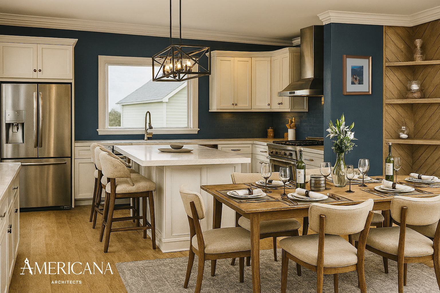 Open concept kitchen and dining renovation in Williston Park, NY designed by Americana Architects.