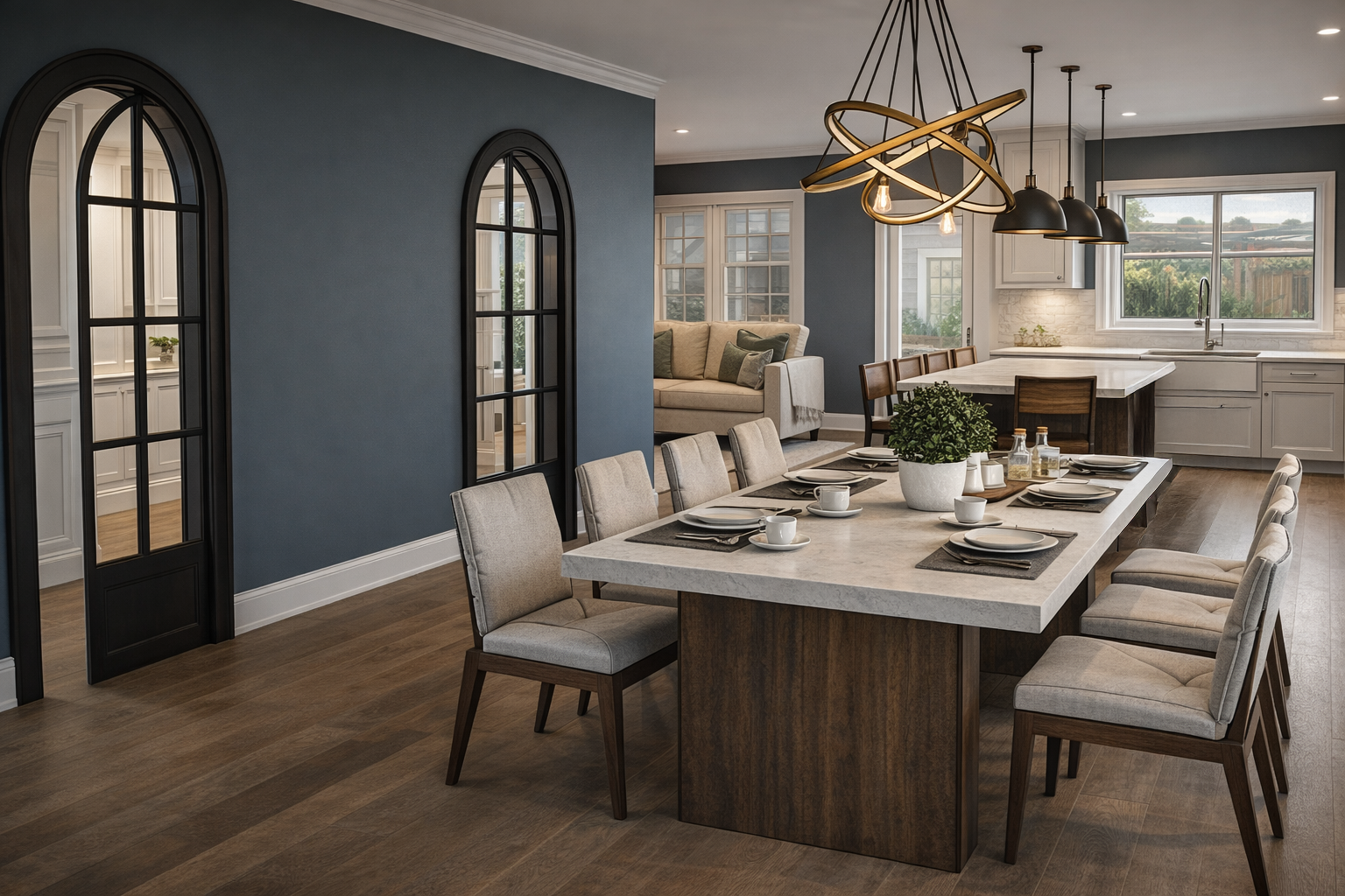 Open concept kitchen and dining room renovation in Williston Park, NY featuring large island with seating designed by Americana Architects.