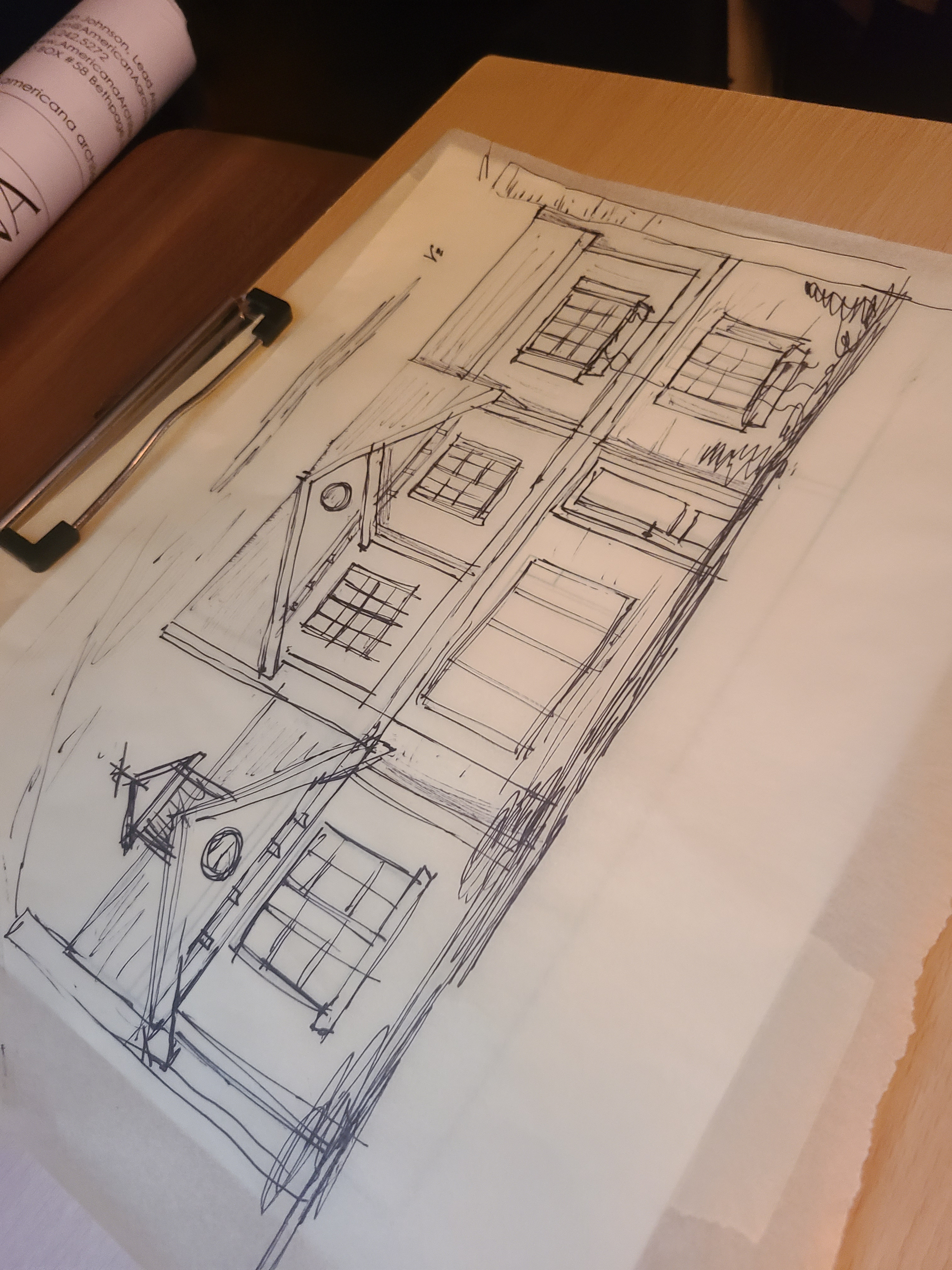 Hand-drawn elevation sketch for Town of Islip Architect, NY second floor addition by Americana Architects.