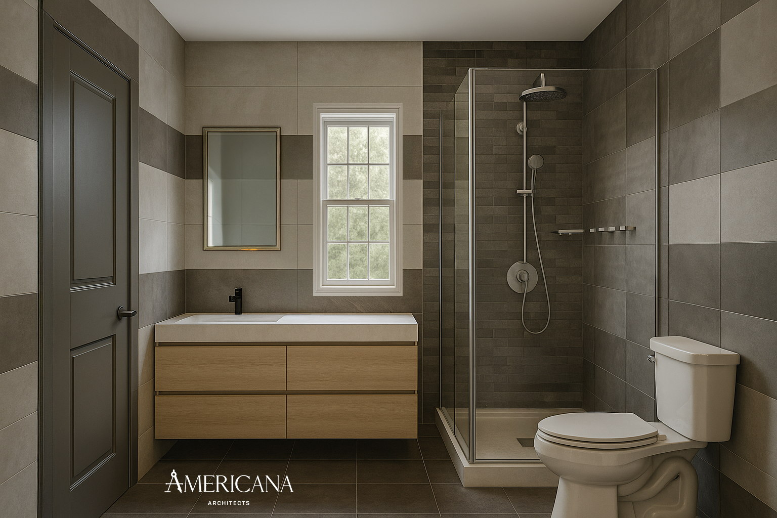 Modern bathroom renovation in Williston Park, NY with walk-in shower and custom vanity by Americana Architects.