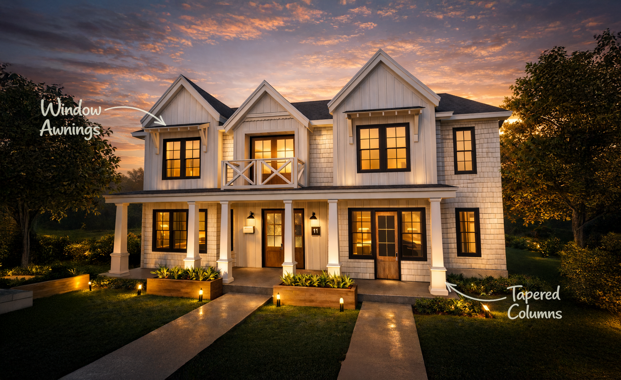 Custom new construction home in Albertson, NY designed by Americana Architects featuring tapered columns, window awnings, and coastal shingle siding.