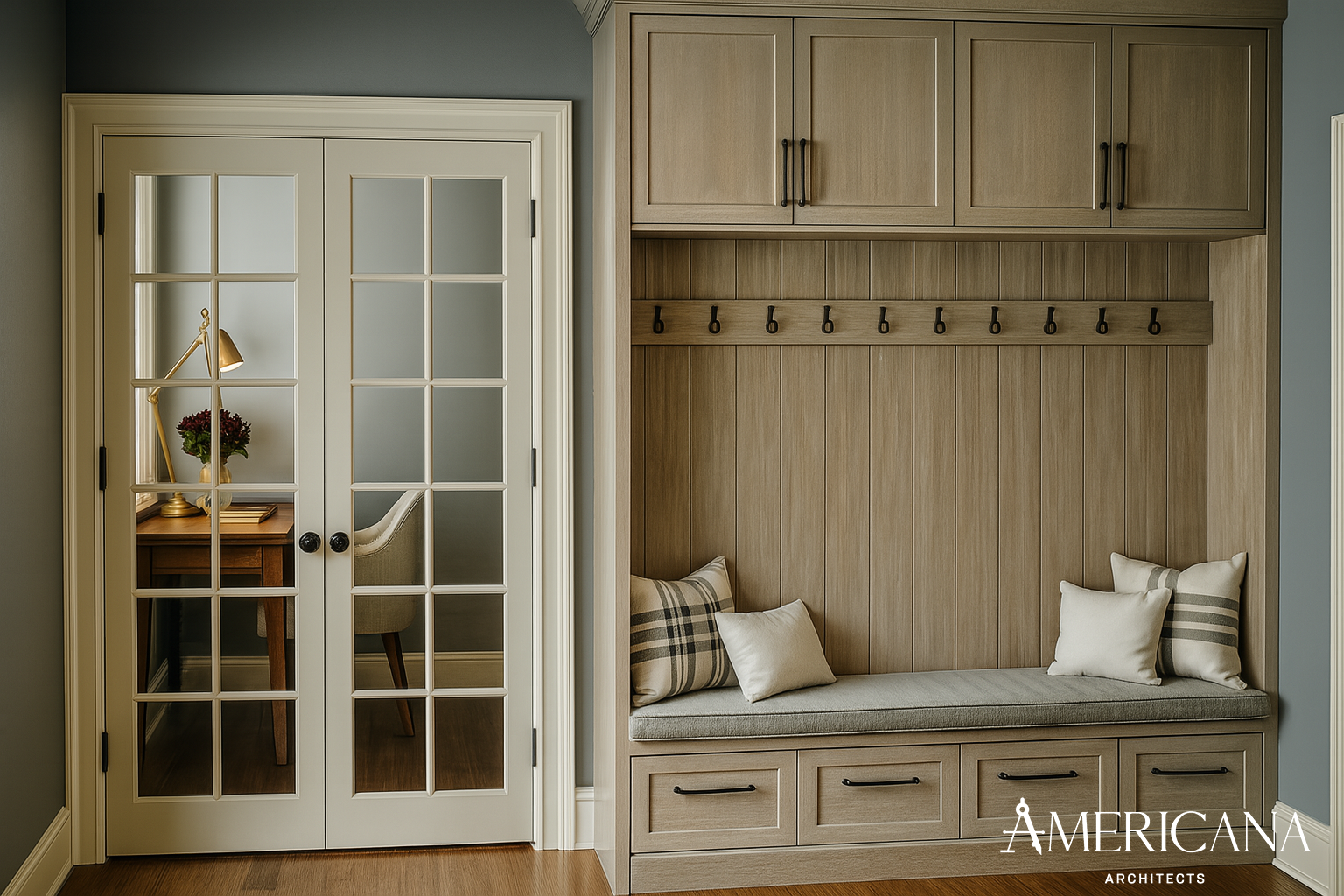Custom mudroom built-in cabinetry and bench design in North Hempstead, NY by Americana Architects.