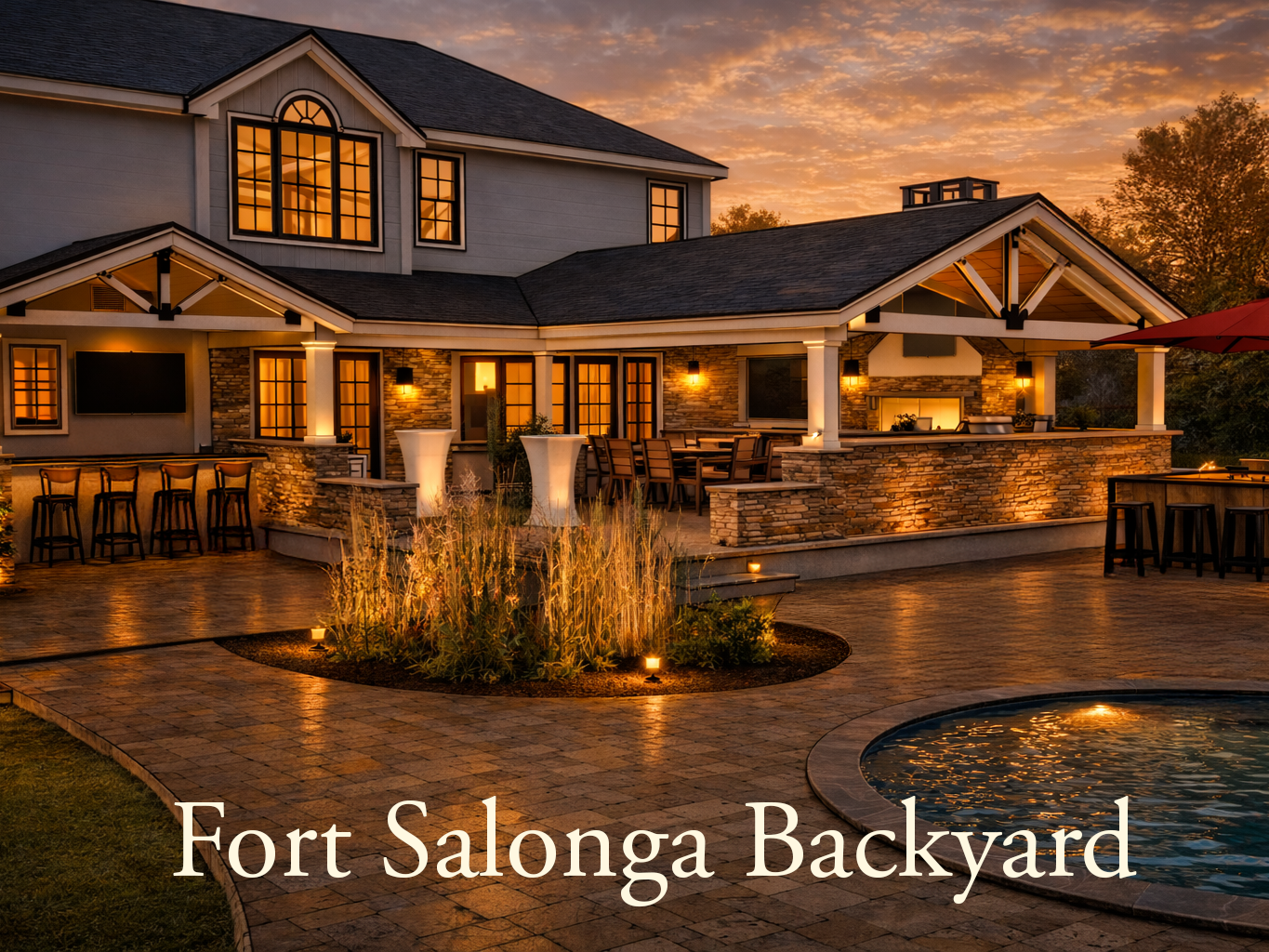 Backyard renovation with covered patio, outdoor kitchen, and pool in Fort Salonga, NY by Americana Architects.