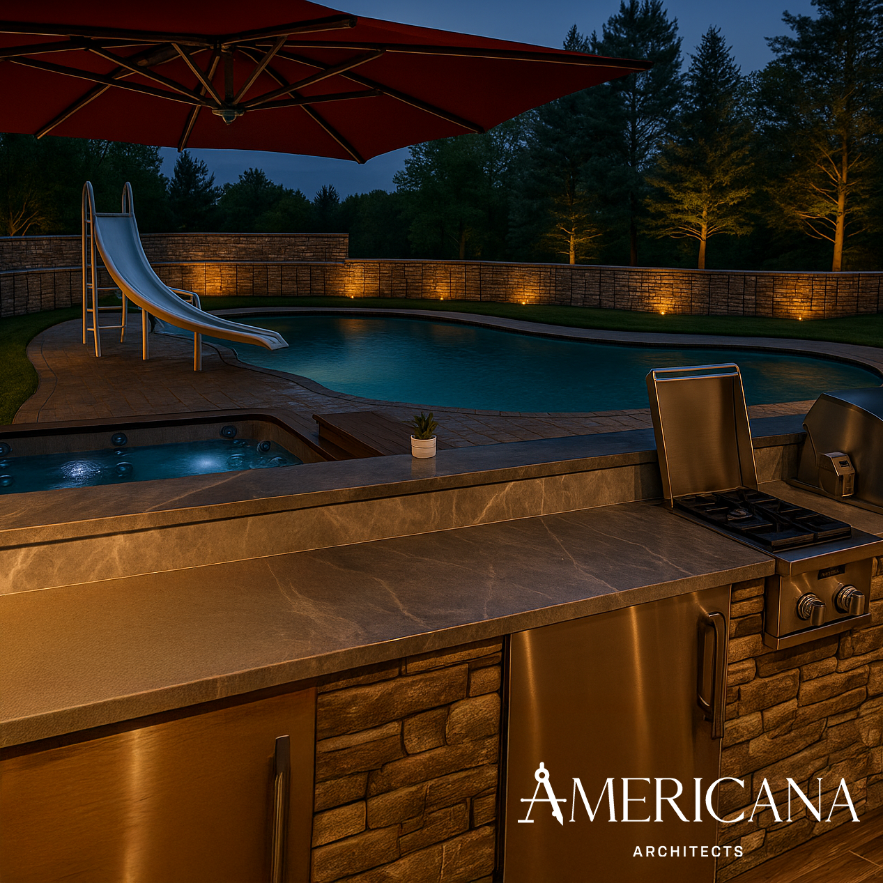 Custom outdoor kitchen and inground pool design in Fort Salonga, Long Island by Americana Architects.