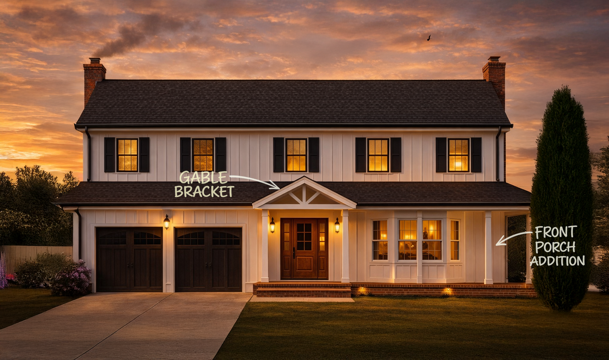 Home renovation in Huntington, NY featuring new front porch addition and updated facade designed by Americana Architects.