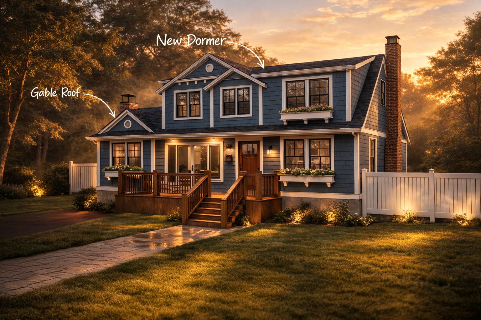 Home renovation in East Islip, NY featuring new dormer addition and gable roof design by Americana Architects.