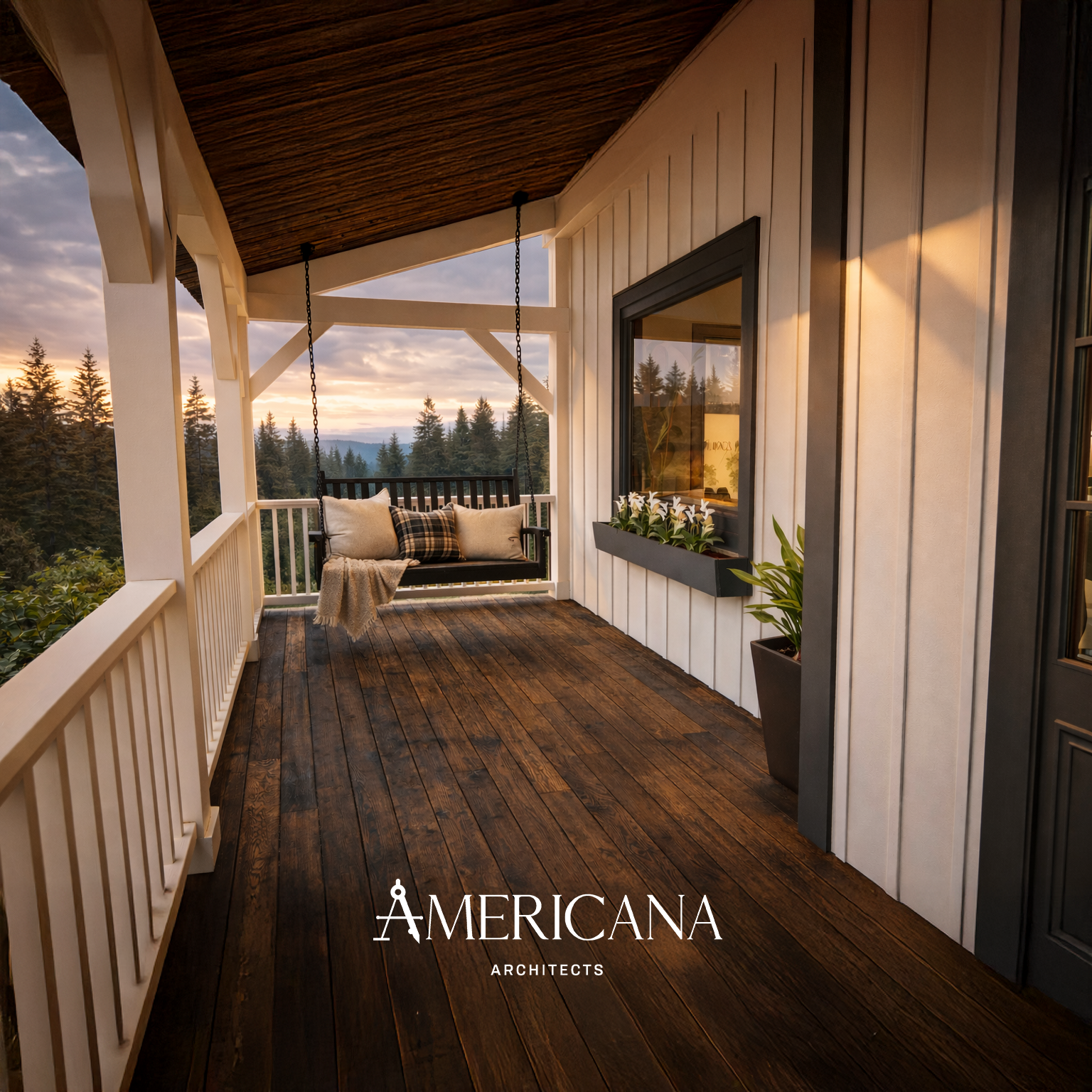 Covered farmhouse-style porch of custom new build in Eatonville, Washington near Mount Rainier by Americana Architects.
