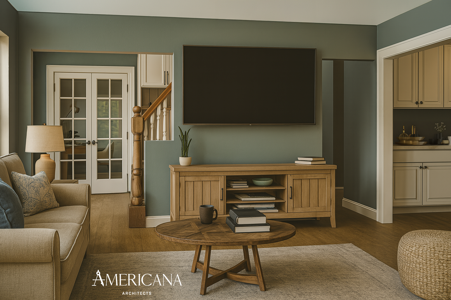 Living room renovation in North Hempstead, NY featuring custom millwork and open stair design by Americana Architects.