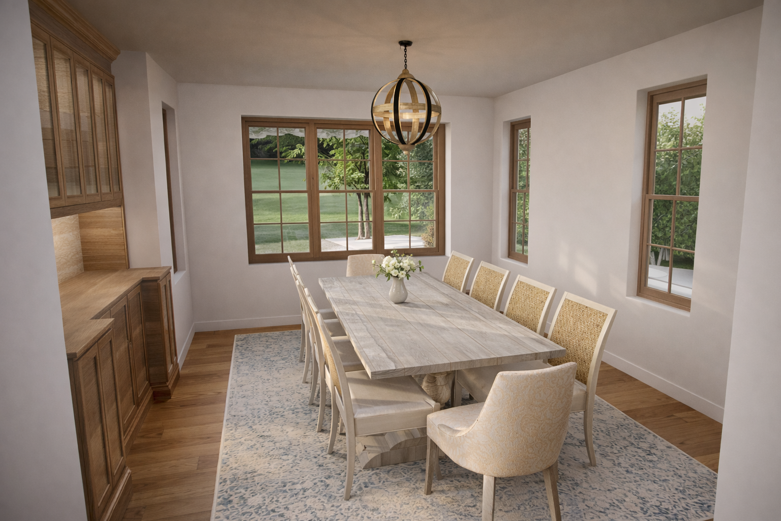 Custom dining room design in Garden City, NY featuring wood windows and built-in cabinetry by Americana Architects.