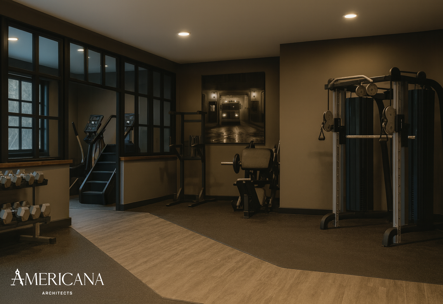 Updated firehouse gym and training space renovation in Great Neck, NY by Americana Architects.