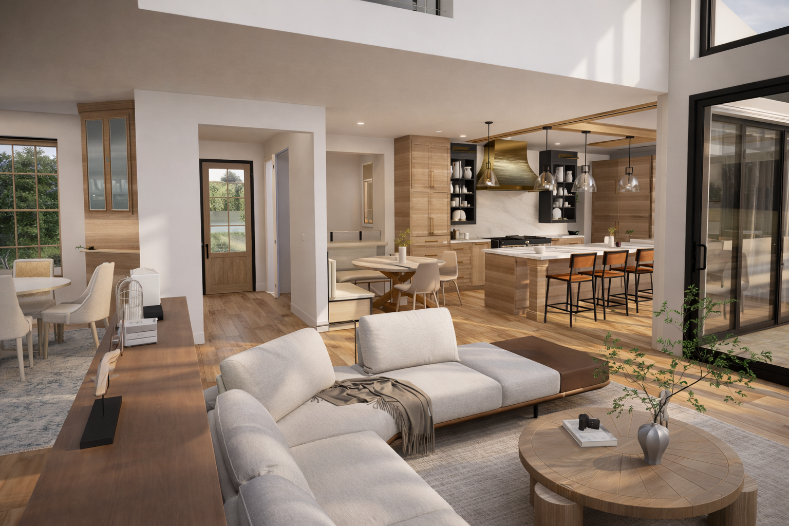 Open concept living room and kitchen design with large island and modern finishes by Americana Architects.