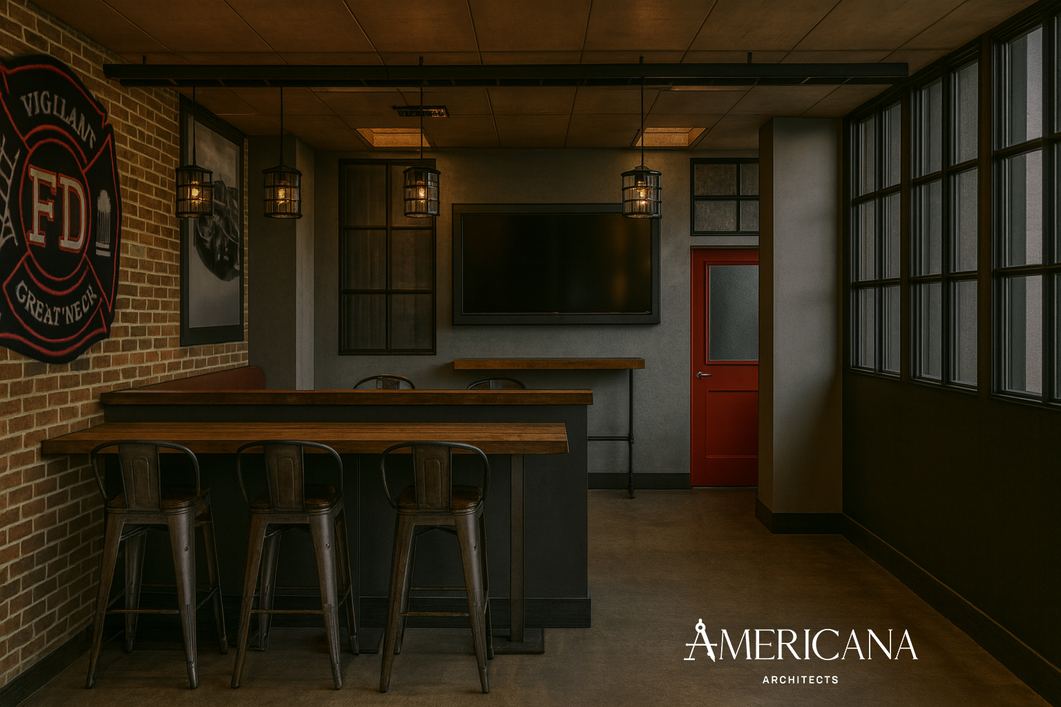Custom service counter and seating area inside the Great Neck Vigilant Fire Department renovation in Great Neck, NY.