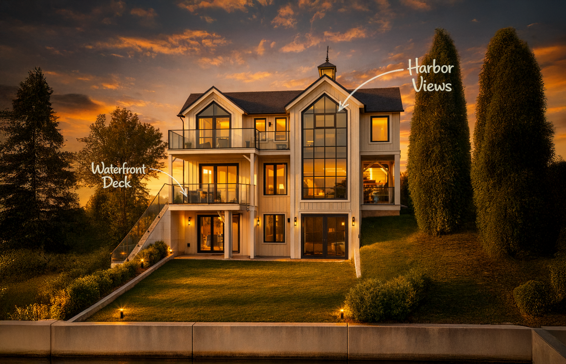 Modern waterfront home in the Village of Northport, Long Island with harbor views and outdoor decks designed by Americana Architects.