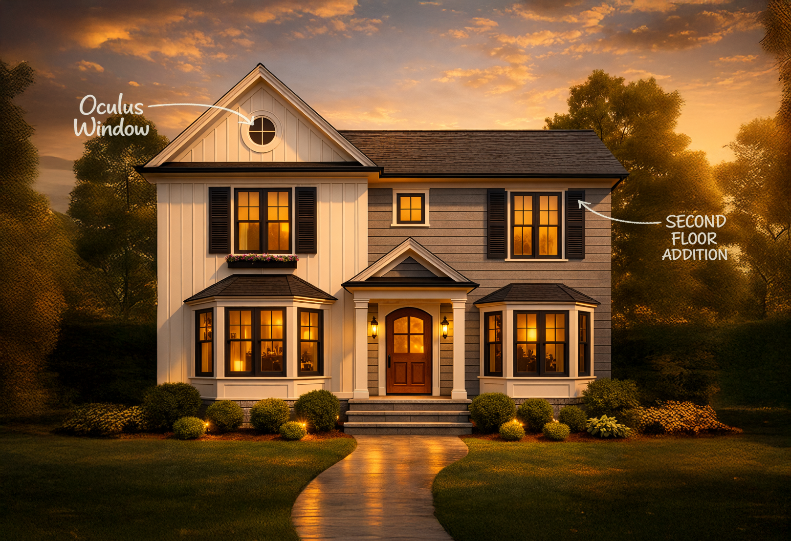 Second floor home renovation in North Hempstead, NY featuring oculus window and expanded exterior facade designed by Americana Architects.
